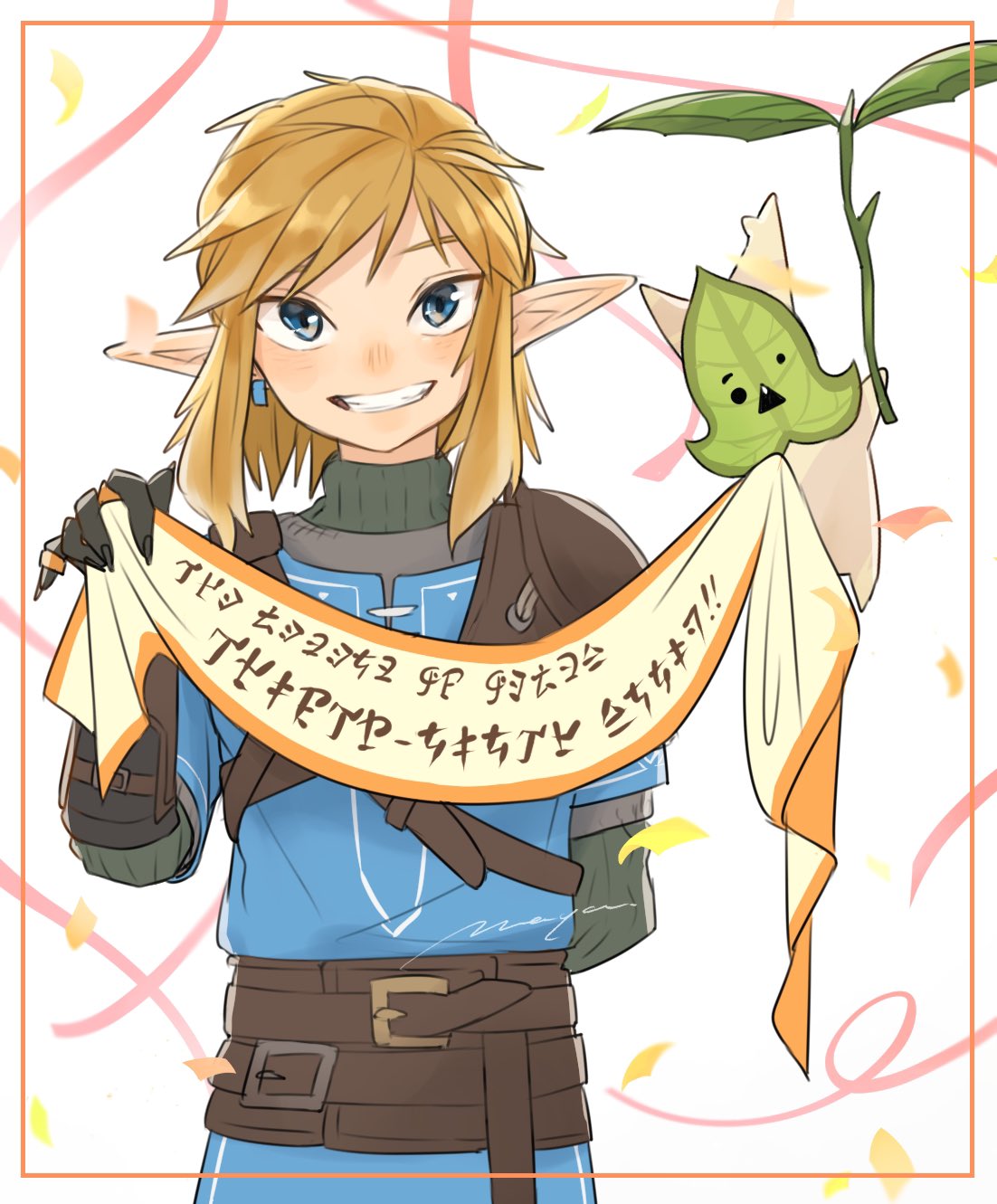 1boy, anniversary, arm_behind_back, armor, belt, belt_buckle, blonde_hair, blue_eyes