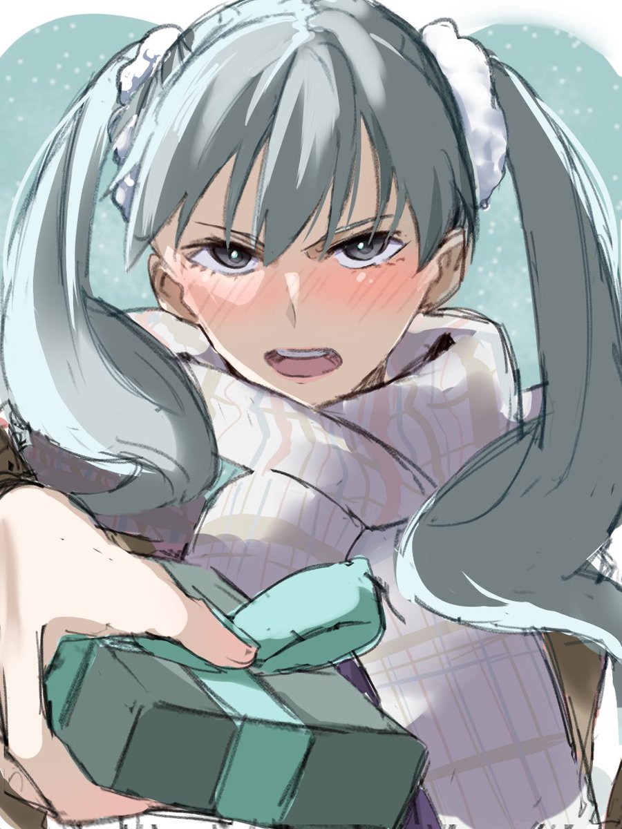 1girl, aqua_bow, aqua_ribbon, blush, bow, box, box_of_chocolates, close-up