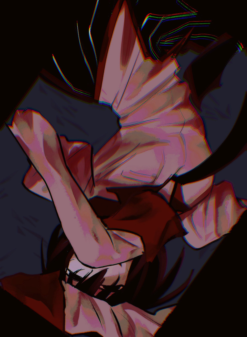 1girl, arm_over_head, arm_up, black_border, black_eyes, black_hair, black_necktie, black_skirt, bob_cut, border, breasts, chromatic_aberration, covering_own_mouth, empty_eyes, grey_background, hair_over_eyes, hand_up, highres, juliet_sleeves, long_sleeves, maeyakara000, monogatari_(series), naoetsu_high_school_uniform, narrowed_eyes, necktie, oshino_ougi, pale_skin, pink_shirt, pleated_skirt, puffy_sleeves, red_trim, school_uniform, shirt, short_hair, skirt, sleeves_past_fingers, sleeves_past_wrists, small_breasts, smile, solo, upside-down, very_long_sleeves