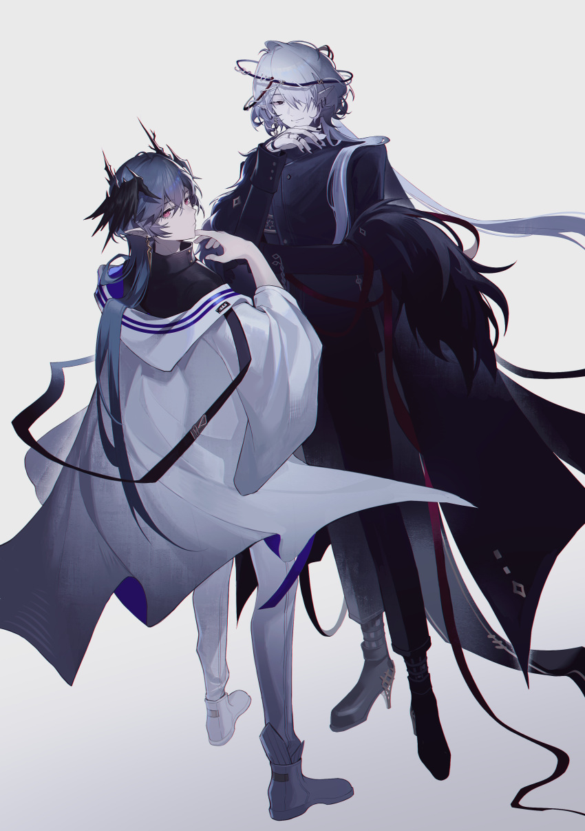 2boys, absurdres, arknights, black_eyes, black_jacket, black_pants, black_shoes, boots