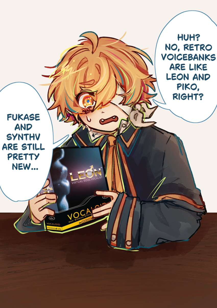 1boy, absurdres, bandage_over_one_eye, blonde_hair, blue_capelet, blue_jacket, box, capelet