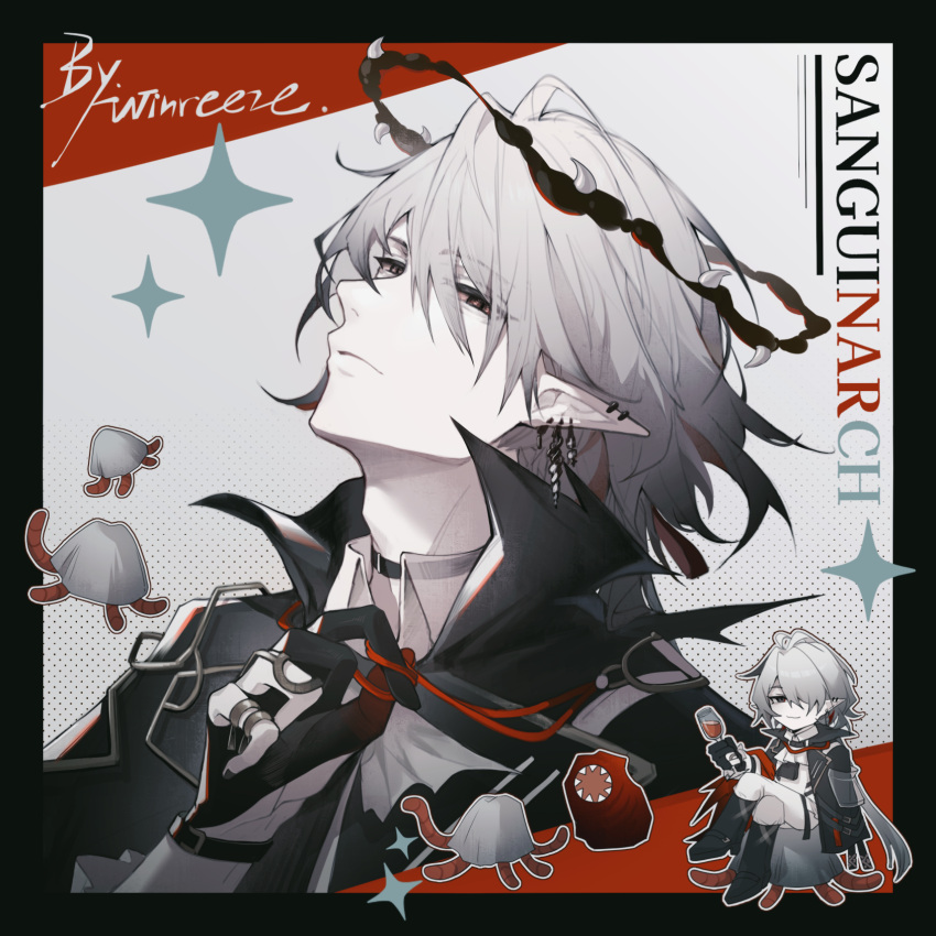 1boy, arknights, black_border, black_cape, black_gloves, border, cape, chinese_commentary