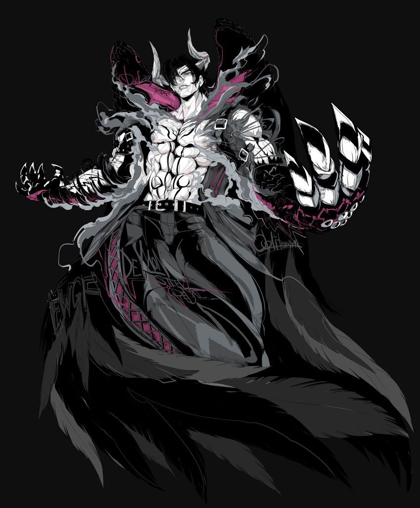 1boy, abs, absurdres, belt, black_background, black_hair, black_wings, character_name