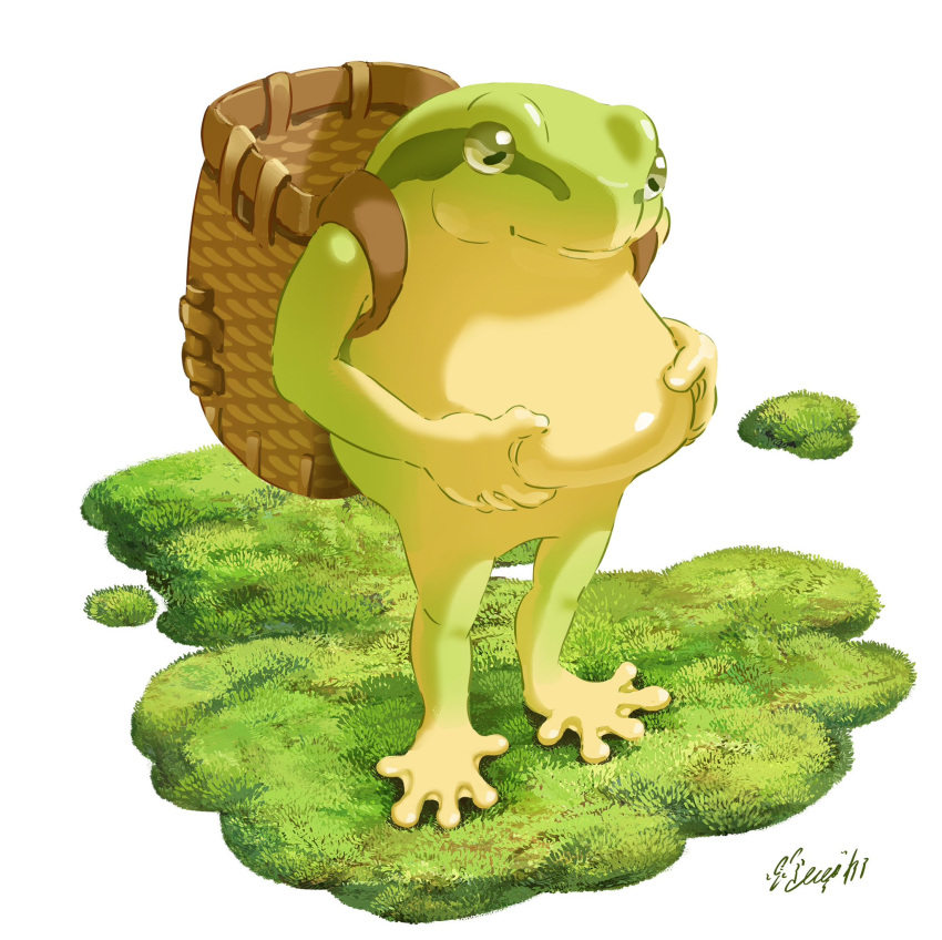 animal_focus, backpack_basket, closed_mouth, commentary_request, frog, grabbing_own_stomach, grass, hachiya_shohei, highres, no_humans, original, signature, simple_background, standing, white_background