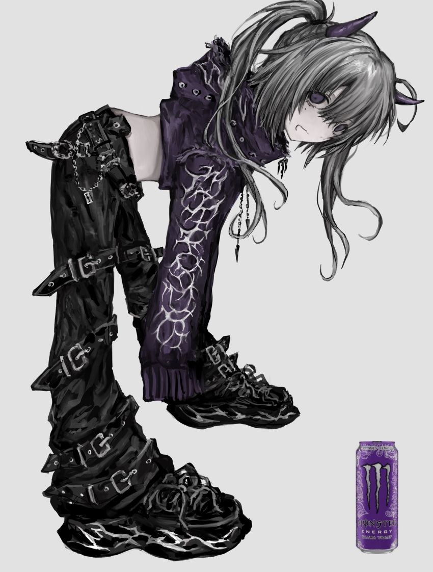 1girl, bondage_pants, chan8016, crop_top, grey_hair, highres, horns, long_bangs, mole, mole_under_eye, monster_energy, original, pale_skin, pants, shoes, solo, twintails