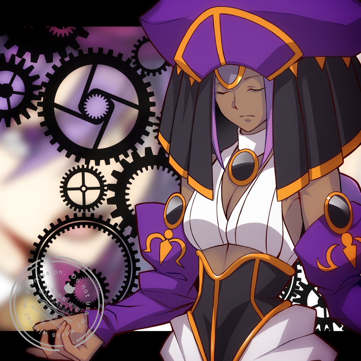 1girl, ancient_egyptian, bare_shoulders, braid, breasts, closed_eyes, dark-skinned_female, dark_skin, detached_sleeves, dress, dust_of_osiris, fingerless_gloves, gloves, highres, hirakawa, huge_breasts, jewelry, melty_blood, midriff, necklace, sion_eltnam_(type-moon), sion_eltnam_atlasia, tsukihime, type-moon, violet_eyes