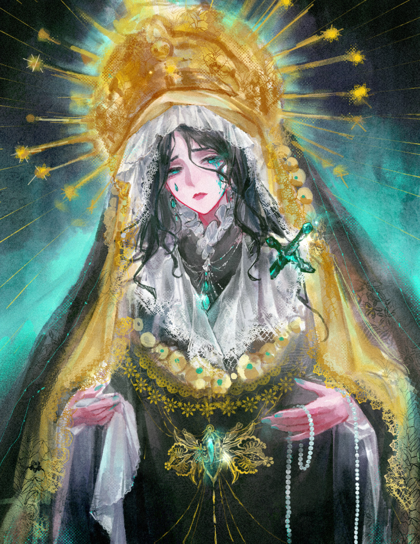 1girl, adapted_costume, black_robe, catvnuf, chinese_commentary, collar, colored_tears, commentary