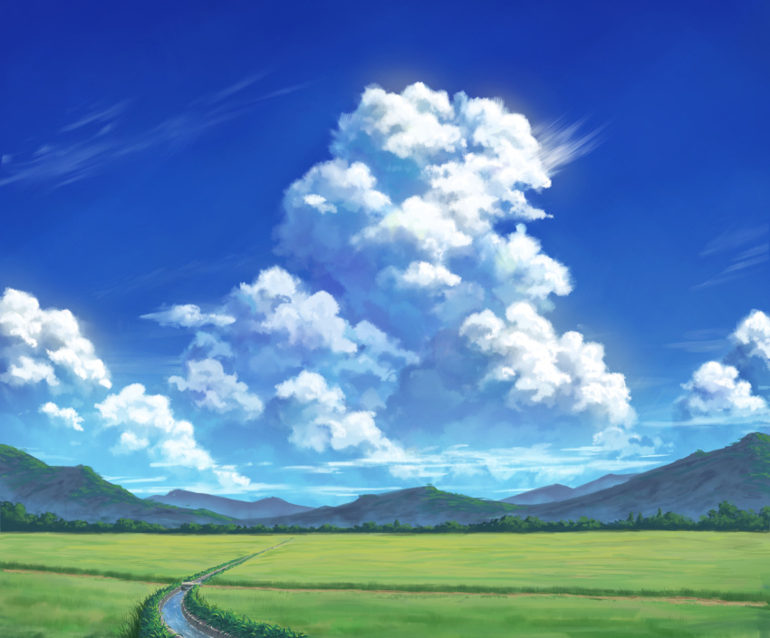 blue_sky, canal, clouds, cloudy_sky, cumulonimbus_cloud, day, grass, highres