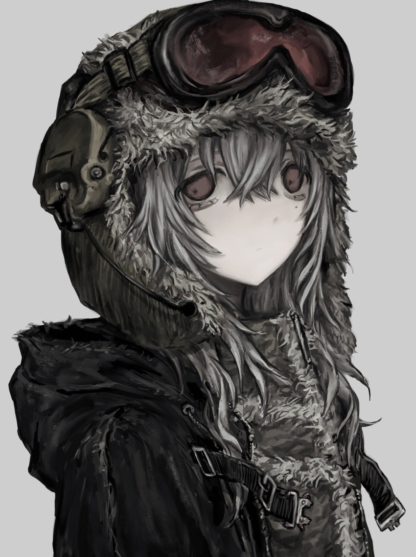 1girl, bags_under_eyes, bondage_pants, chan8016, fur_trim, goggles, goggles_on_head, grey_hair, highres, hood, hoodie, long_bangs, mole, mole_under_eye, original, pale_skin, solo, tareme