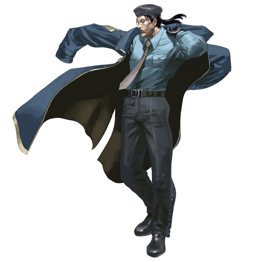 1boy, absurdres, belt, black_gloves, black_hair, black_shoes, blue_coat, blue_eyes