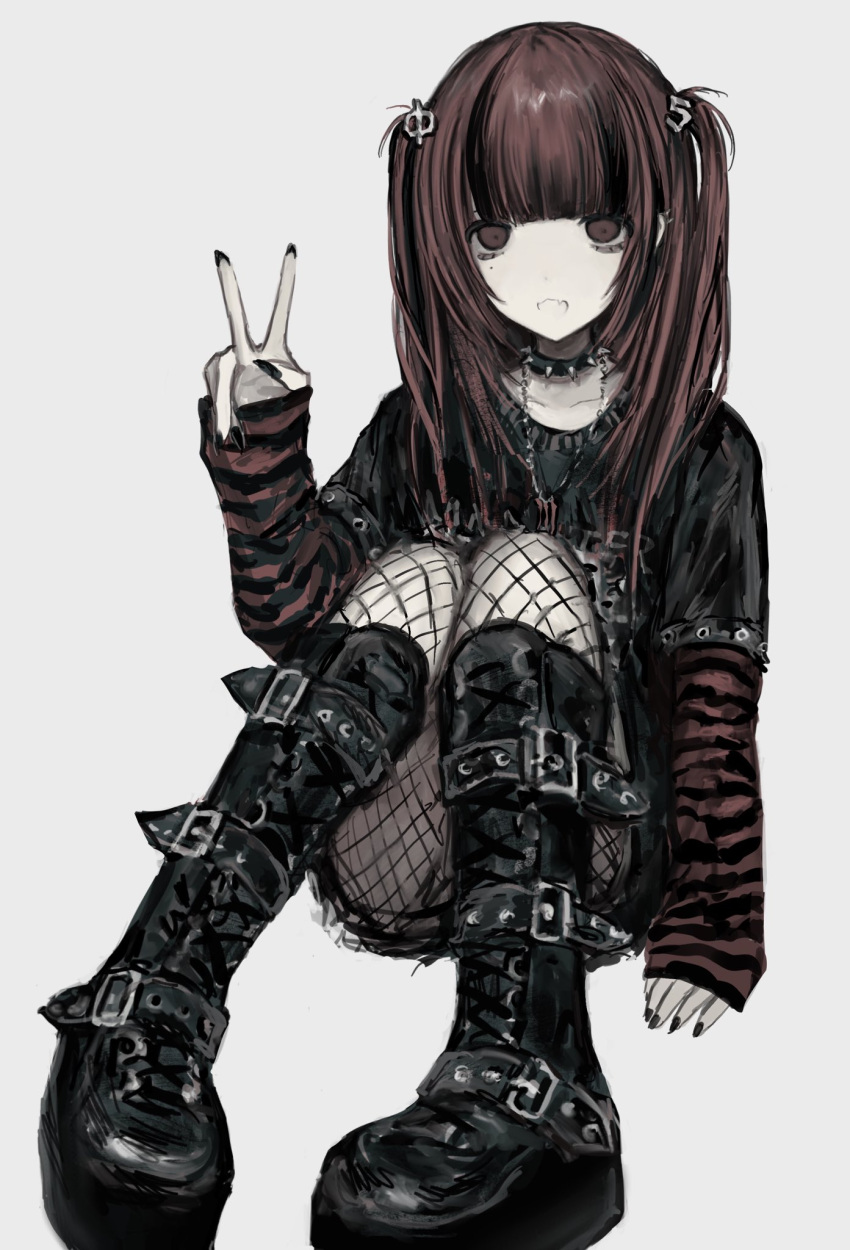 1girl, blunt_bangs, boots, brown_eyes, chan8016, collar, fishnet_pantyhose, fishnets