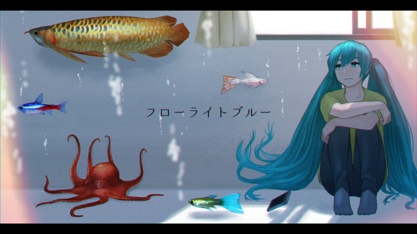 1girl, air_bubble, aqua_eyes, aqua_hair, arowana, black_pants, bubble, closed_mouth