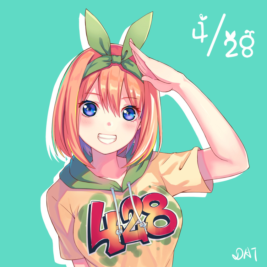 1girl, absurdres, aqua_background, artist_name, blue_eyes, blush, bow_hairband, breasts