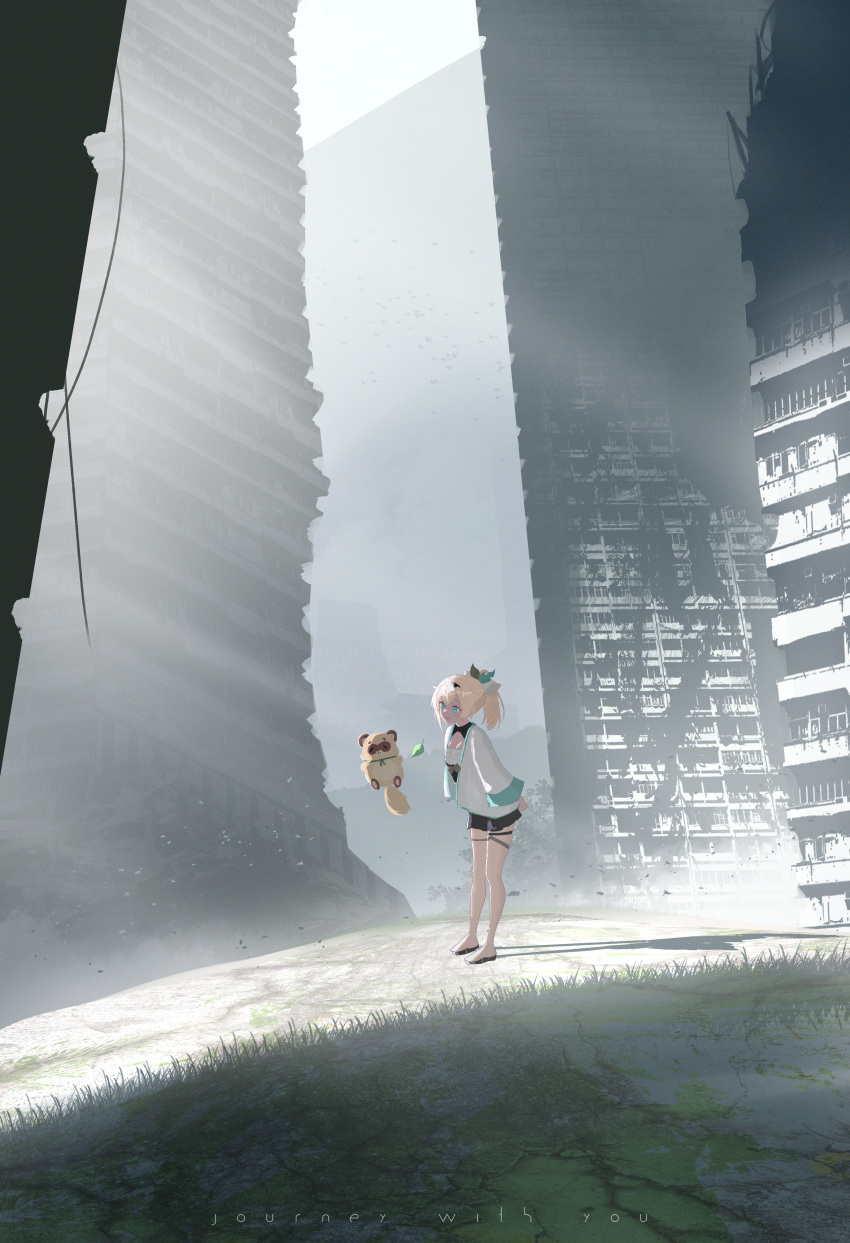 1girl, absurdres, blonde_hair, blue_eyes, breasts, building, fog, full_body