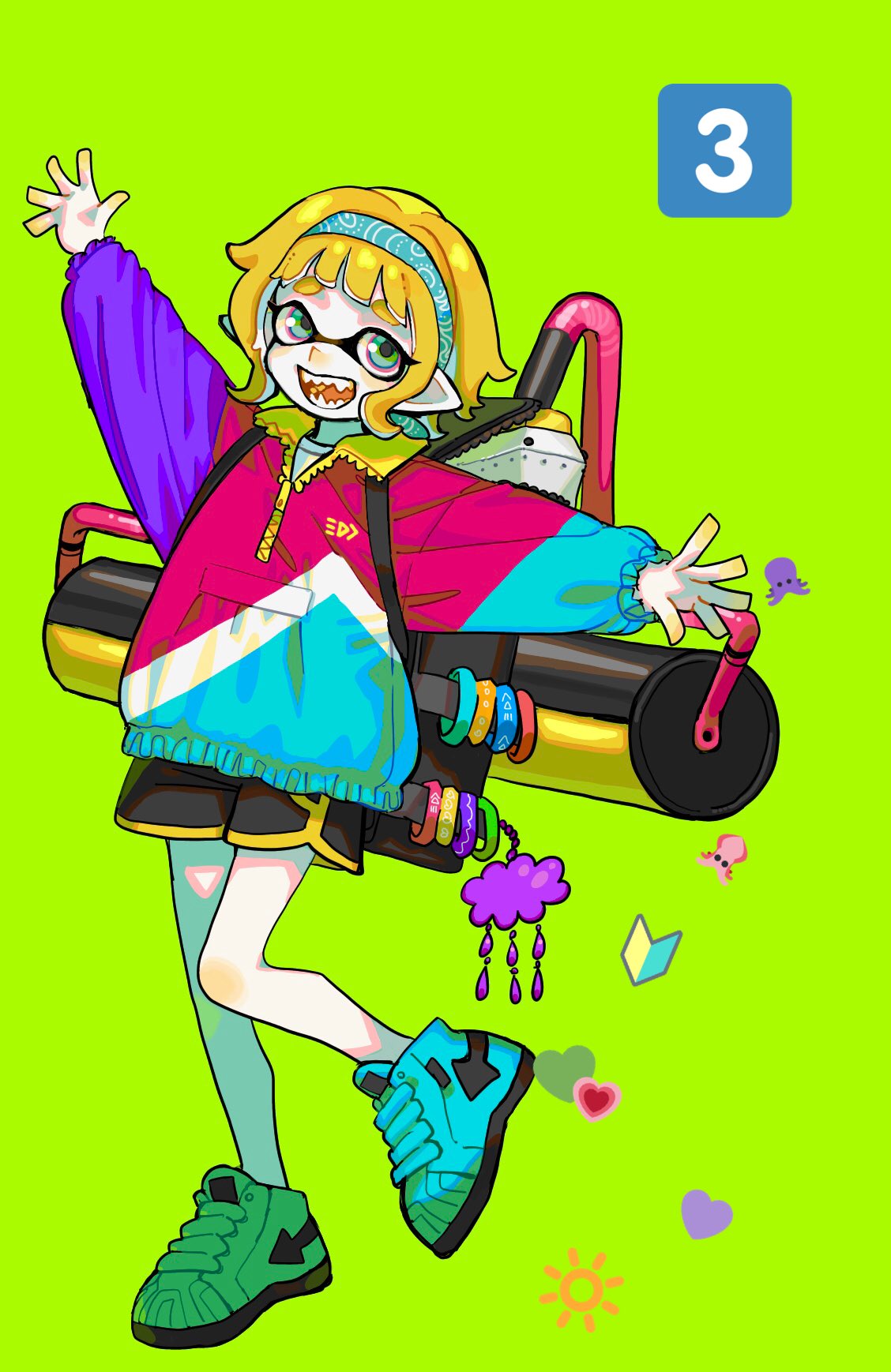 1girl, :d, autobomb_(splatoon), black_shorts, blonde_hair, blue_eyes, blue_hairband, blue_shoes