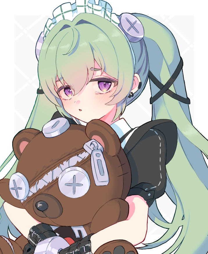 1girl, black_dress, corin_wickes, doll, dress, green_hair, holding_teddy_bear, looking_at_viewer