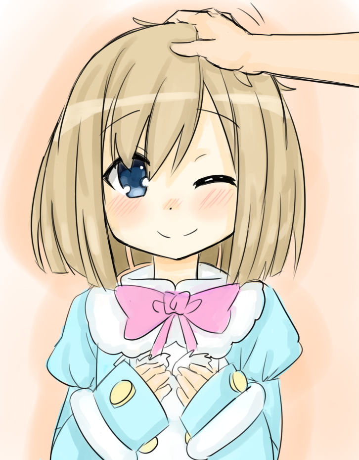 1girl, blue_coat, blue_eyes, blush, bow, bowtie, brown_hair, closed_mouth