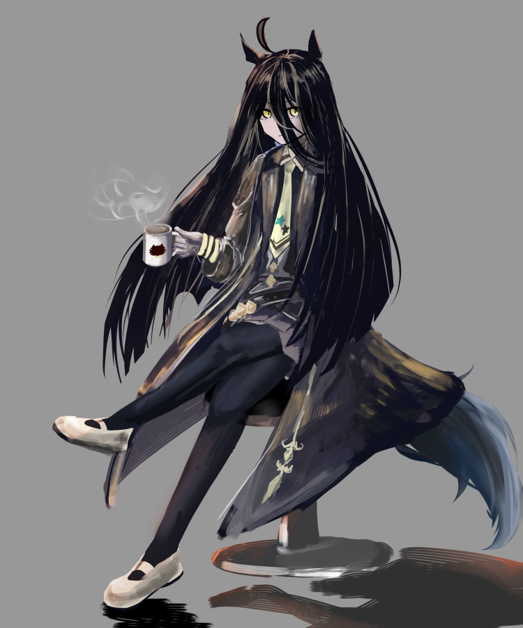 1girl, ahoge, animal_ears, bar_stool, black_coat, black_hair, black_pantyhose, black_shirt