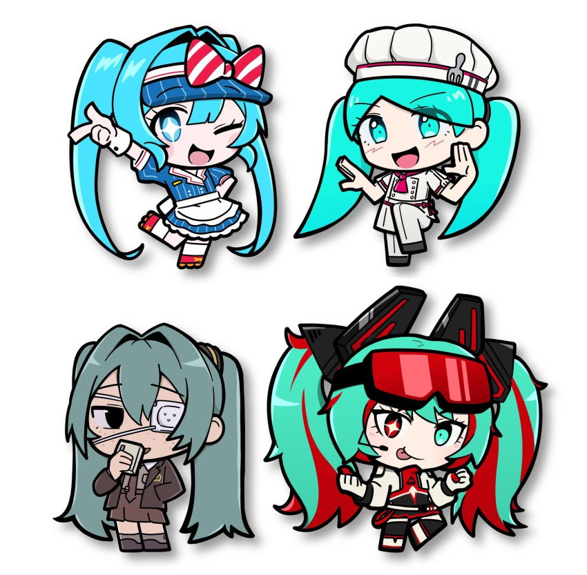 +_+, 4girls, :d, :p, ;d, apron, aqua_eyes, aqua_hair, arm_up, black_eyes, black_shoes, black_skirt, black_socks, blue_dress, blue_eyes, blue_hair, blue_hat, bow, bright_pupils, brown_jacket, brown_necktie, brown_shoes, brown_skirt, chef_hat, chibi, chibi_only, clenched_hands, closed_mouth, collared_shirt, diagonal-striped_bow, dj_booth_(mako)_(tower_defense_simulator), dj_booth_(tower_defense_simulator), double-parted_bangs, dress, drop_shadow, empty_eyes, eyepatch, eyes_visible_through_hair, fewer_digits, freckles, full_body, goggles, goggles_on_head, hair_between_eyes, hair_intakes, hair_ornament, hand_in_pocket, hand_on_own_hip, hashtag-only_commentary, hat, hat_ornament, hatsune_miku, headset, heterochromia, highres, holding, holding_phone, jacket, kneehighs, lapels, long_hair, long_sleeves, looking_at_viewer, medical_eyepatch, medium_dress, mesmerizer_(vocaloid), mismatched_pupils, monitoring_(vocaloid), multicolored_hair, multiple_girls, necktie, no_pupils, notched_lapels, obsolete_meat_(vocaloid), official_alternate_costume, official_alternate_hair_color, official_alternate_hairstyle, one_eye_closed, open_clothes, open_jacket, open_mouth, outstretched_arm, pants, parted_bangs, phone, puffy_short_sleeves, puffy_sleeves, red_bow, red_eyes, red_goggles, red_hair, red_necktie, red_shirt, red_shoes, red_trim, roblox, ryoko6318, shirt, shoes, short_sleeves, simple_background, skirt, smile, socks, standing, standing_on_one_leg, streaked_hair, striped_clothes, striped_dress, tongue, tongue_out, tower_defense_simulator_(roblox), twintails, two-tone_bow, two-tone_hair, vertical-striped_clothes, vertical-striped_dress, very_long_hair, visor_cap, vocaloid, waist_apron, white_apron, white_background, white_bow, white_hat, white_jacket, white_pants, white_pupils, white_shoes, white_wrist_cuffs, wrist_cuffs