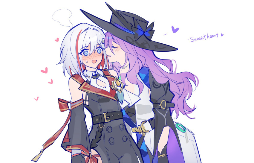 2girls, @_@, black_coat, black_gloves, black_hat, blue_eyes, blush, closed_eyes