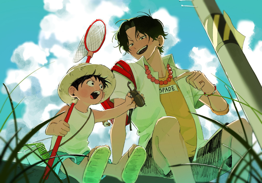 2boys, :d, aged_down, animal, backpack_on_one_shoulder, bead_necklace, beads, black_eyes