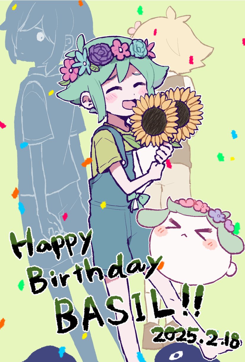 3boys, animalization, antenna_hair, basil_(faraway)_(omori), basil_(headspace)_(omori), basil_(omori), blonde_hair, blue_overalls