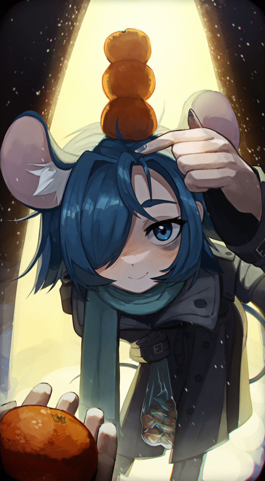 1girl, absurdres, ahoge, animal_ears, bag, bags_under_eyes, blue_eyes, blue_hair