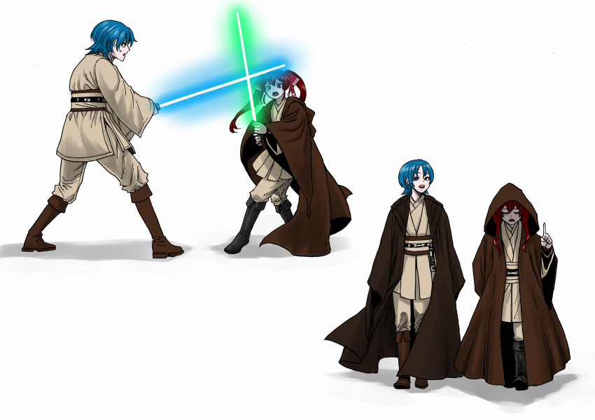 2girls, absurdres, blue_eyes, blue_hair, boots, brown_boots, brown_robe, commentary