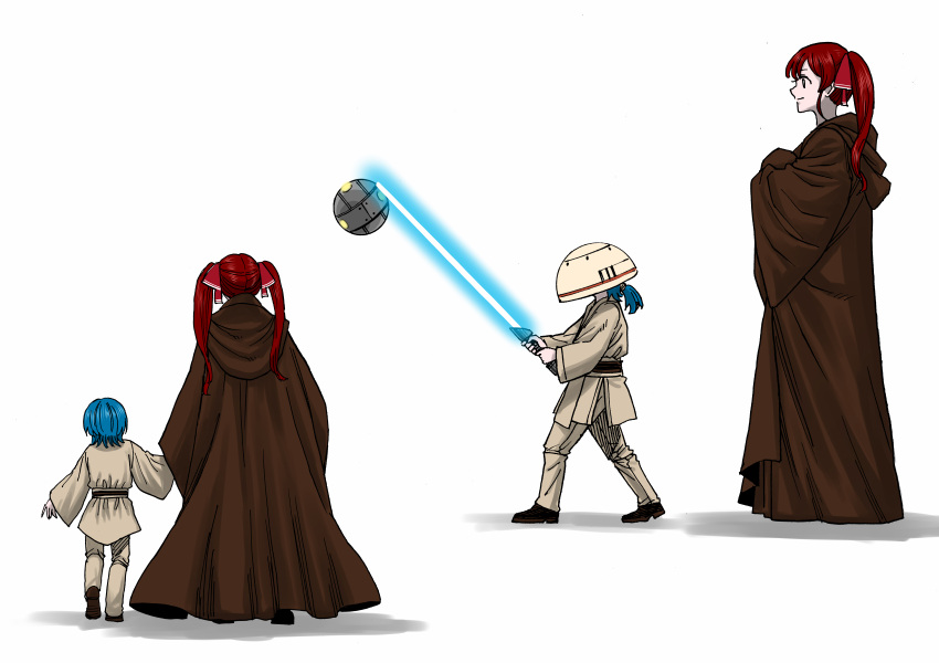 2girls, absurdres, aged_down, anakin_skywalker, anakin_skywalker_(cosplay), blue_hair, brown_robe, child