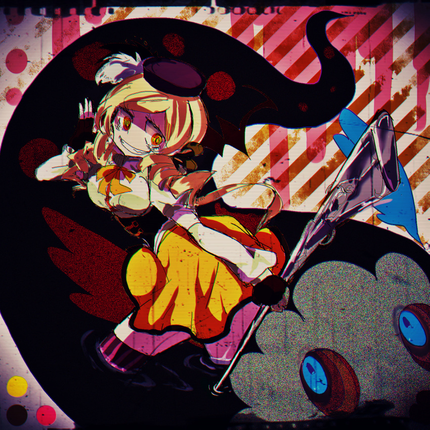beret, blonde_hair, breasts, charlotte_(madoka_magica), crazy_eyes, drill_hair, fingerless_gloves, gloves