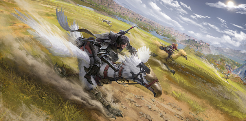 1girl, 2boys, ambrosia_(ff16), armor, black_cape, cape, chocobo, clive_rosfield