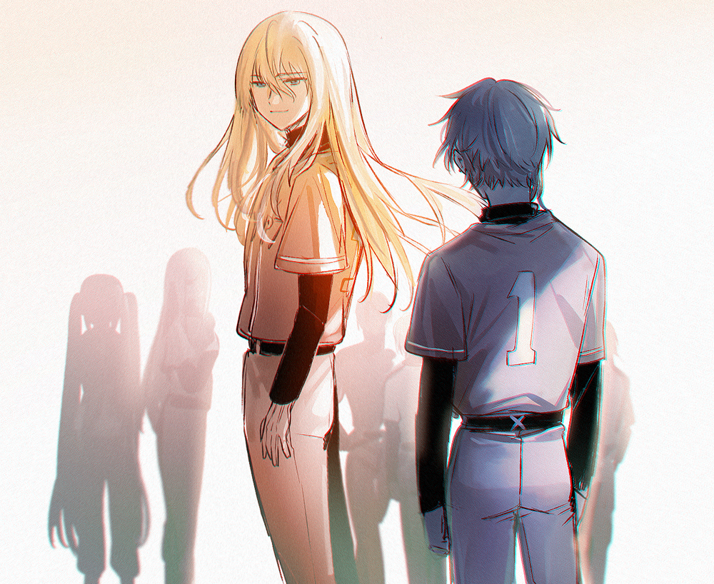 2girls, 5boys, aki_(neyuki41028), akuta_hinako, arms_at_sides, baseball_uniform, belt, beryl_gut