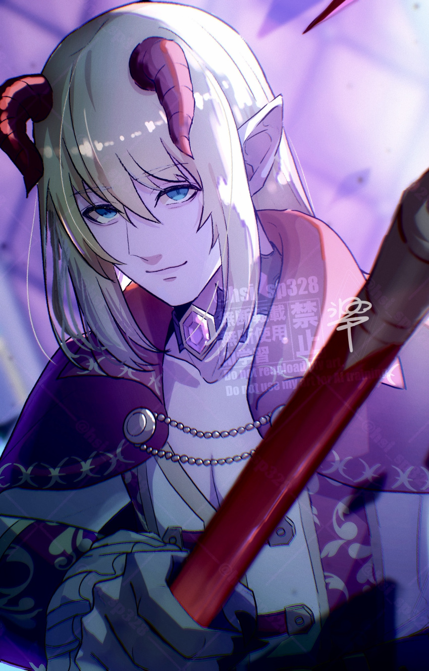 1boy, azbar_(dragon_quest), blonde_hair, blue_eyes, blurry, blurry_background, cape, choker