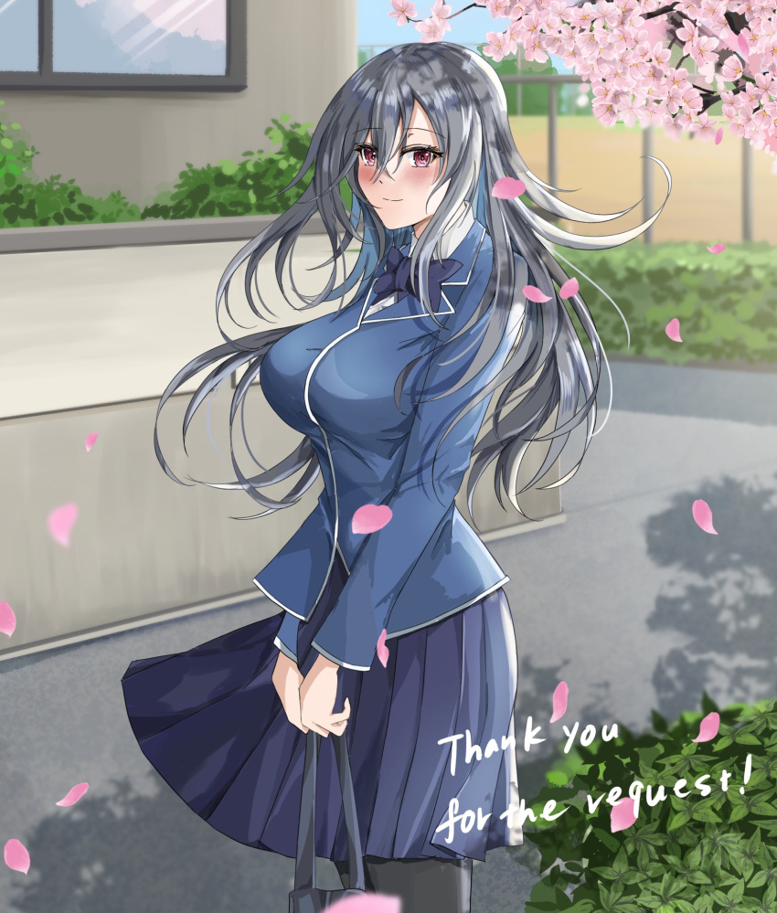 1girl, blue_jacket, blush, bow, bowtie, cherry_blossoms, duel_monster, grey_hair