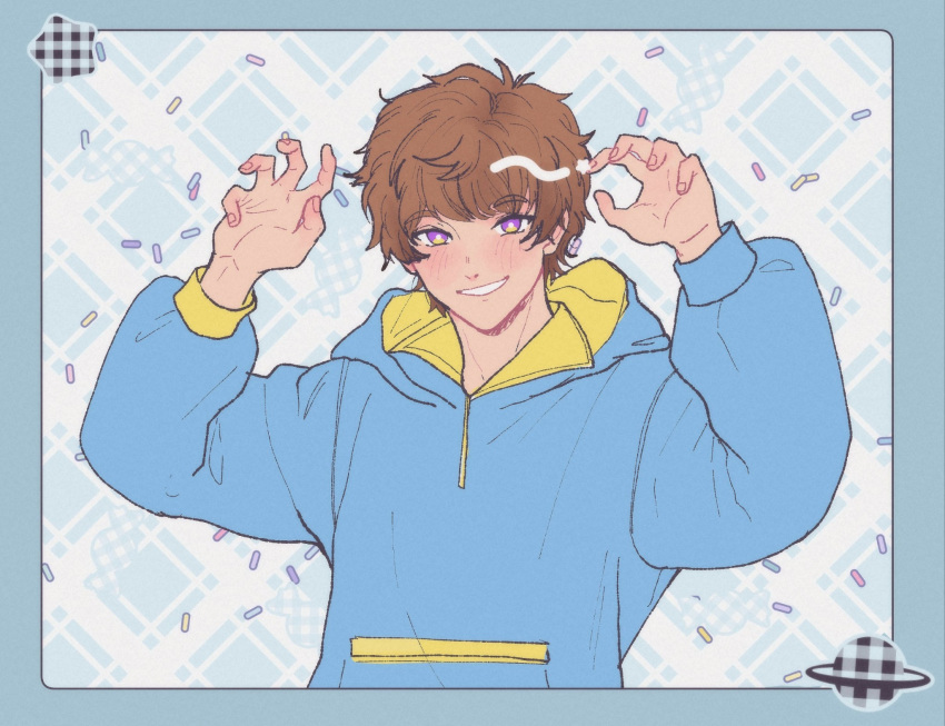 1boy, blue_border, blue_hoodie, border, bright_pupils, brown_hair, claw_pose, commentary