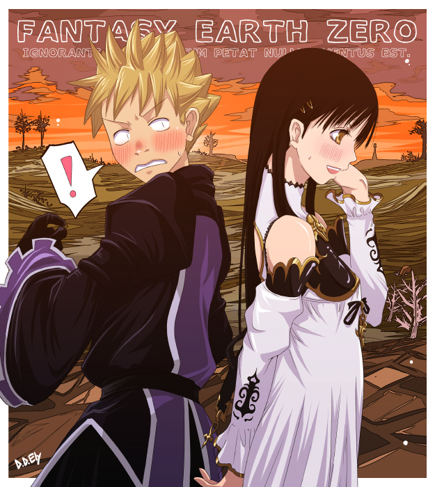 !, 1boy, 1girl, black_gloves, black_hair, black_kimono, blonde_hair, blush, clothing_cutout, clouds, commentary_request, cowboy_shot, dress, fantasy_earth_zero, gloves, japanese_clothes, kimono, long_hair, long_sleeves, looking_at_another, looking_back, lumen_(fantasy_earth_zero), mr.romance, open_mouth, orange_sky, outdoors, short_hair, shoulder_cutout, sky, smile, spiky_hair, spoken_exclamation_mark, white_dress, wide_sleeves, yellow_eyes