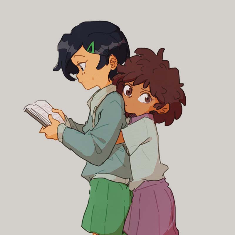 2girls, amphibia, anne_boonchuy, black_hair, book, brown_eyes, brown_hair, dark-skinned_female, dark_skin, from_side, green_skirt, grey_background, hair_ornament, hairclip, height_difference, holding, holding_book, hood, hoodie, hug, hug_from_behind, ikuuyyuki, marcy_wu, multiple_girls, open_book, pleated_skirt, purple_skirt, school_uniform, short_hair, sjms_school_uniform, skirt, yuri