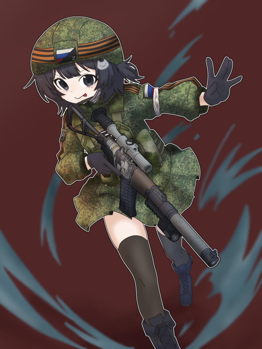 1girl, :p, army, as_val, assault_rifle, bandaged_arm, bandages, black_boots