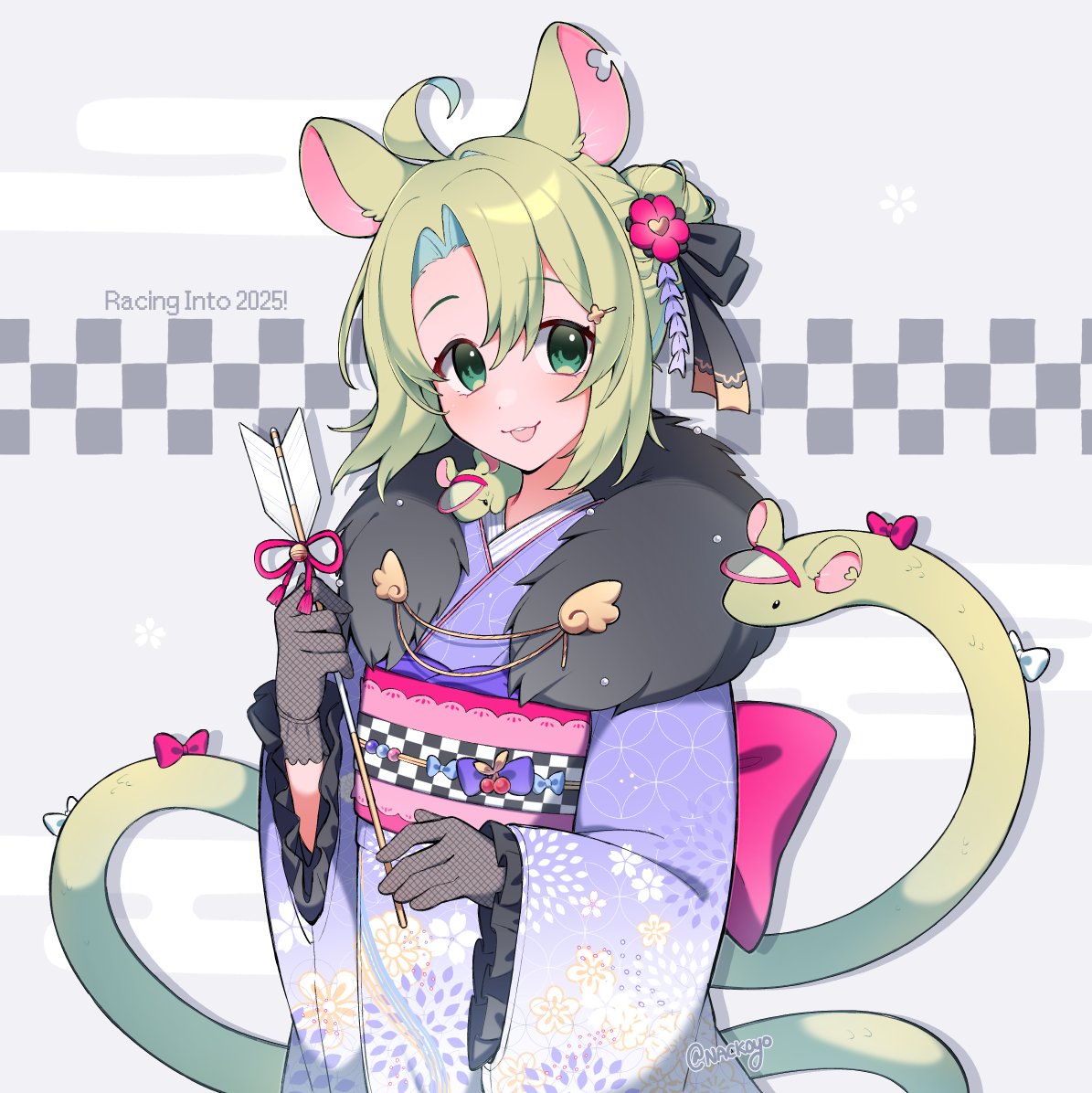 1girl, ahoge, alternate_costume, animal_ears, arrow_(projectile), artist_name, ashton_marten_(vtuber), bow
