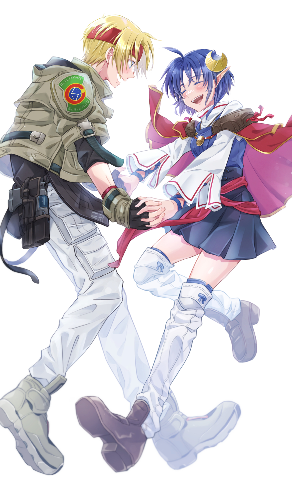 19670615t, 1boy, 1girl, :d, ahoge, blue_hair, blush, cape