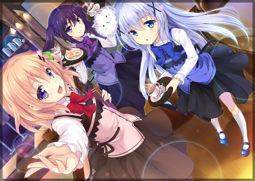 3girls, :d, angora_rabbit, apron, bar_(place), black_pantyhose, black_skirt, blue_apron