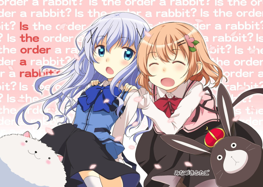 2girls, :o, angora_rabbit, anko_(gochiusa), apron, black_skirt, blue_apron, blue_bow