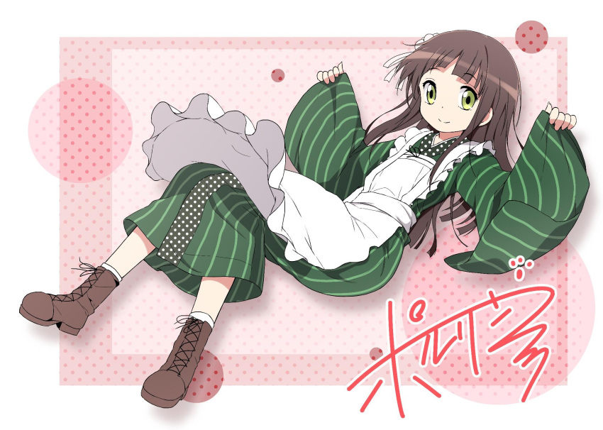 1girl, abstract_background, apron, artist_name, blunt_bangs, boots, border, brown_boots, closed_mouth, dot_nose, falling, flower, frilled_apron, frills, full_body, gochuumon_wa_usagi_desu_ka?, grabbing_own_sleeve, green_eyes, green_kimono, hair_flower, hair_ornament, hair_ribbon, highres, japanese_clothes, kimono, looking_at_viewer, outside_border, polka_dot, polka_dot_background, porurin, ribbon, shoelaces, simple_background, smile, solo, third-party_source, ujimatsu_chiya, white_apron, white_border, white_ribbon, wide_sleeves