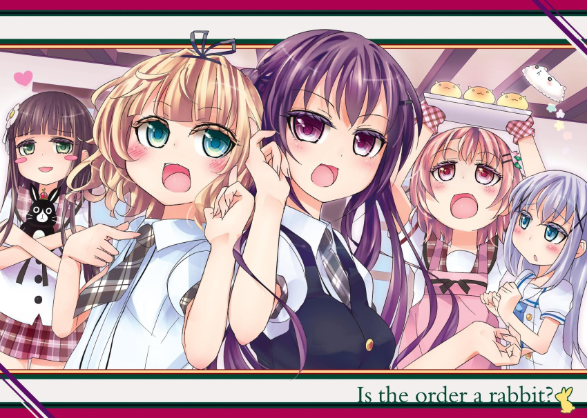 5girls, :3, :d, alternate_hair_color, animal_hat, animal_hug, anko_(gochiusa), apron