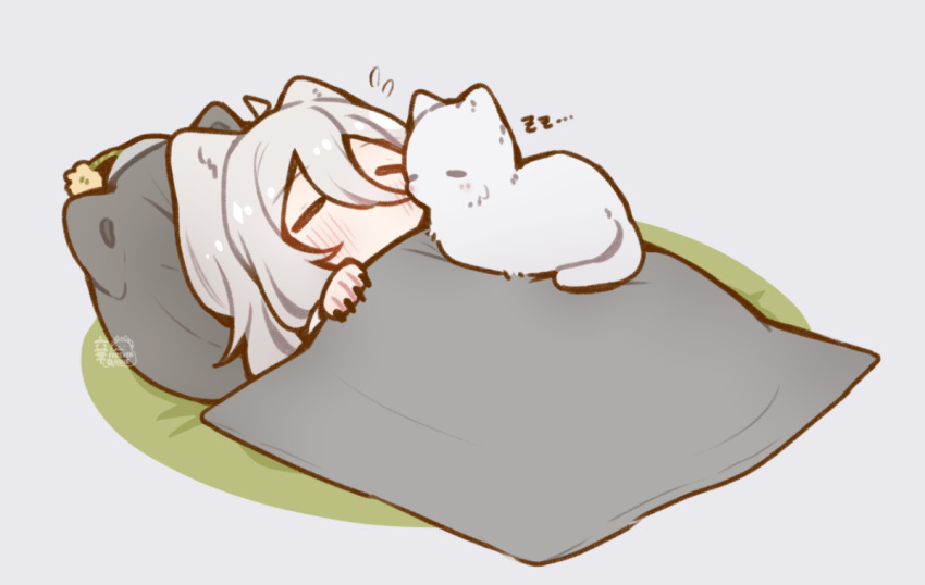 1girl, =_=, animal_ears, cat_on_chest, character_pillow, chibi, chibi_only, closed_eyes