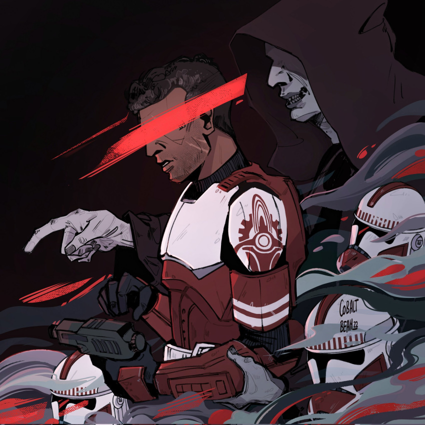 2boys, armor, black_hair, black_robe, clone_trooper, clone_trooper_helmet, cobalt_beam, colored_skin