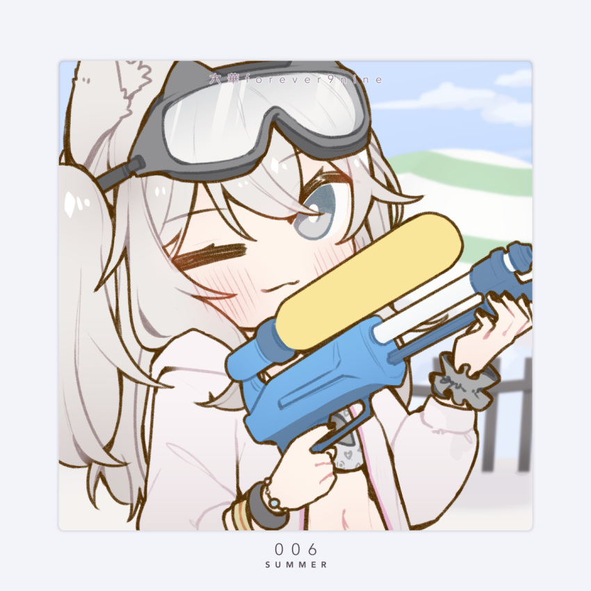 1girl, ;3, animal_ear_fluff, animal_ears, artist_name, beach, bikini, black_nails