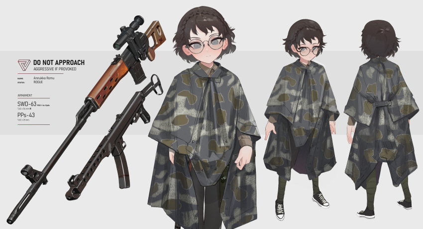 1girl, absurdres, annukka_romu, black_pants, brown_hair, brown_shirt, camouflage_cloak, collared_shirt, commission, dragunov_svd, english_text, full_body, glasses, grey_eyes, gun, highres, looking_at_viewer, multiple_views, original, pants, polilla, poncho, pps-43, rifle, shirt, sniper_rifle, solo, submachine_gun, turnaround, weapon