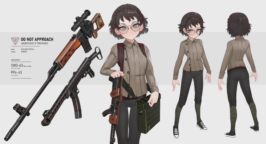 1girl, absurdres, annukka_romu, black_pants, brown_hair, brown_shirt, collared_shirt, commission