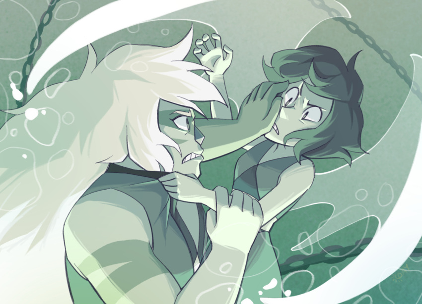 2girls, air_bubble, angry, animification, biceps, bubble, chain, clenched_teeth